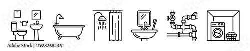 Set of black line icons representing bathroom fixtures, plumbing systems, and laundry equipment including a toilet, sink, bathtub, shower, pipes, and washing machine