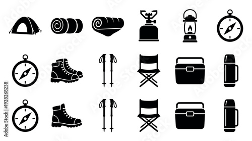Set of black silhouette camping icons featuring a tent, sleeping bag, compass, hiking boots, lantern, and other essential outdoor adventure and trekking equipment