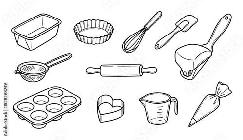 Collection of hand-drawn baking tools and kitchen utensils in a simple black and white line art style, featuring a rolling pin, whisk, muffin tin, and measuring cup