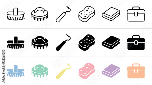 Set of horse grooming and care icons showing a brush, curry comb, hoof pick, sponge, towel, and kit in three different styles: line art, solid glyph, and flat color