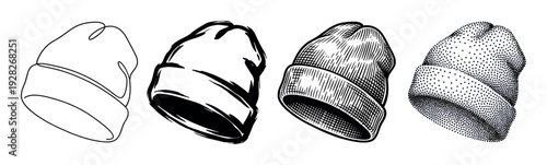 Four black and white beanie hat illustrations showcasing different artistic styles from simple line art and bold ink to detailed engraving and stippling techniques in a collection