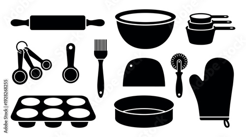Black silhouette baking and cooking utensils set with a rolling pin, mixing bowl, measuring cups, spoons, oven mitt, and muffin tin in a simple graphic icon style