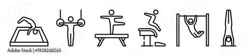 Black and white artistic gymnastics icons set showing athletes performing on various apparatus like the balance beam, still rings, vault, high bar, and floor exercise