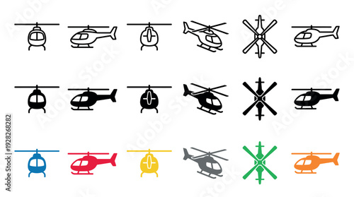 Collection of helicopter vector icons in various styles including line art, solid glyph, and colorful flat designs showing different angles like front, side, and top views