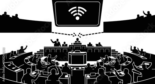 Students in a lecture hall using laptops and wireless internet.