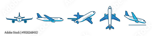 Set of blue passenger airplane icons in a simple line art style showing various perspectives including front, side, top, and isometric views for flight and travel concepts