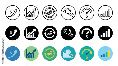 Set of financial business icons showing economic growth, decline, cash flow, and performance metrics presented in line, solid, and colorful flat vector illustration styles