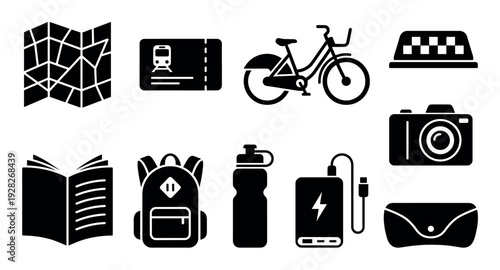 Set of black travel and tourism icons featuring a map, ticket, bicycle, taxi, camera, book, backpack, bottle, power bank, and glasses case for vacation planning