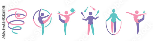 Colorful rhythmic gymnastics figures performing with equipment like a ribbon, hoop, ball, clubs, and rope in a minimalist flat vector style icon set