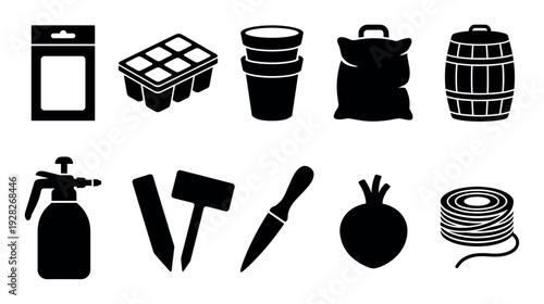Set of black gardening tool icons including a seed packet, seedling tray, pots, sprayer, and barrel for planting and horticulture arranged in two neat rows