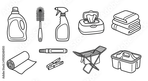 Set of black and white line art cleaning supply icons including detergent, a spray bottle, folded towels, and a drying rack in a simple doodle style illustration