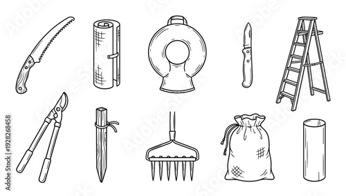 Set of hand-drawn gardening and camping equipment including a saw, ladder, rake, and canteen in a simple black and white doodle style illustration collection