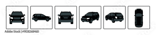 Black SUV car vector illustration set showing the vehicle from multiple angles including front, side, rear, top, and isometric views in a flat minimalist style