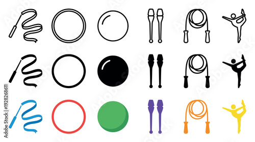 Rhythmic gymnastics equipment icon set collection featuring a ribbon, hoop, ball, clubs, and rope in three vector styles: outline, solid silhouette, and full color for athletic design
