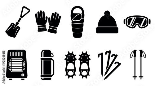 Set of black winter equipment icons for camping and hiking including a shovel, gloves, sleeping bag, goggles, thermos, and ski poles in a flat minimalist glyph style