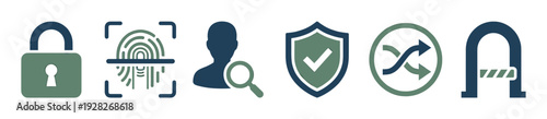 Set of cybersecurity and authentication icons including a padlock, fingerprint, user verification, shield, and access control, representing digital safety and data protection
