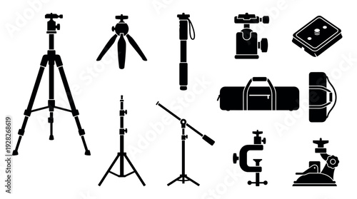 Various photography and videography equipment silhouettes including a tripod, monopod, light stand, clamp, suction mount, and gear bag in a graphic icon set