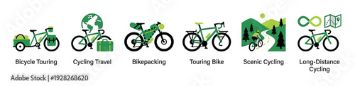 Set of six green and black icons illustrating various bicycle travel concepts like touring, bikepacking, scenic rides, and long-distance cycling in a minimalist vector style