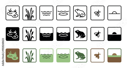 Set of pond life icons showing a frog, cattails, water, and an insect in three different styles including line art, solid glyph, and color versions for graphic design
