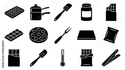 Set of black chocolate making equipment icons showing bars, molds, a double boiler, spatula, and thermometer for confectionery, patisserie, and chocolatier design elements