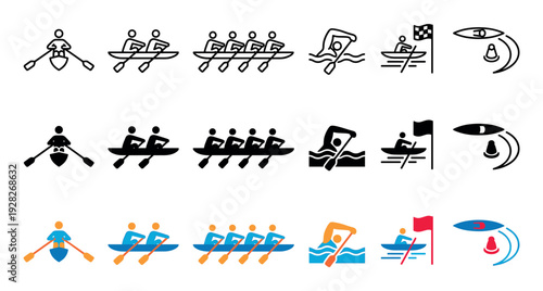 Set of rowing and canoeing icons for water sports, showing athletes in boats for competition, presented in three different graphic styles including outline, silhouette, and color