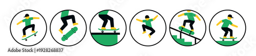 Set of six modern skateboarding icons shows a skater performing various tricks like grinding and jumping in a minimalist flat vector style for extreme sports concepts
