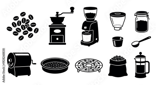 Set of black coffee making icons including a grinder, beans, french press, roaster, and other brewing equipment in a simple glyph style illustration for graphic design