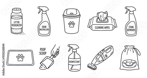 Set of hand-drawn pet cleaning icons showing various hygiene and maintenance supplies like a poop scoop, disinfectant, and litter deodorizer in a simple line art doodle style