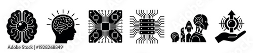Set of black artificial intelligence icons showing concepts like machine learning, cyborgs, microchips, and innovation presented in a minimalist glyph style