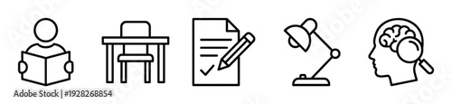 Collection of five minimalist outline icons for learning and education concepts, featuring a reader, school desk, test paper, table lamp, and a mind research symbol