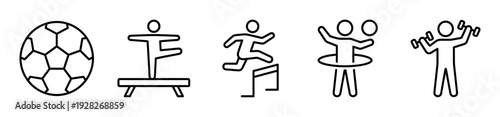 Set of black line sport icons showing various physical activities like soccer, gymnastics, hurdles, hula hoop, and weightlifting in a minimalist vector illustration style