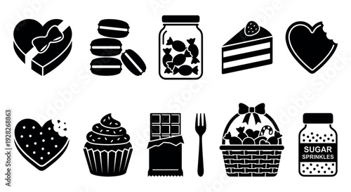 Black silhouette icon collection of various desserts and sweets including a heart-shaped box, cupcake, chocolate bar, and cake slice in a minimal flat vector design