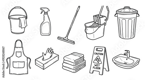 Hand-drawn cleaning supplies and janitorial equipment icons including a mop, bucket, gloves, and wet floor sign in a simple black and white line art doodle style collection