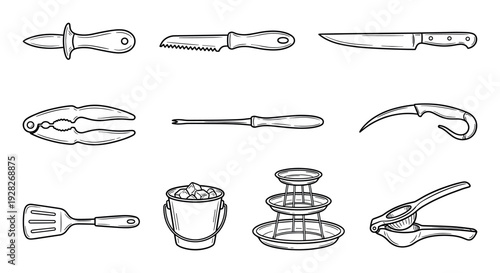 Collection of seafood and oyster bar tools including a shucker, cracker, knives, and ice bucket, illustrated in a clean black and white line art style