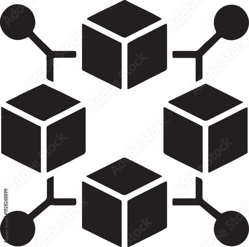 Blockchain network silhouette with connected nodes and digital chain structure, decentralized technology concept, minimal black vector illustration.