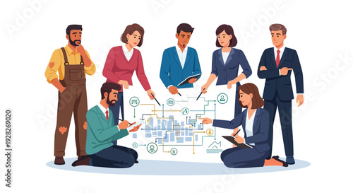 Diverse business team collaborating on strategic plans and workflow optimization