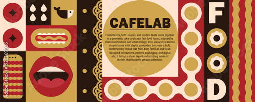 Ingredient background burger with geometric food pattern and abstract fast mosaic.