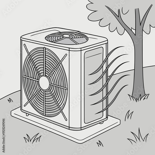 Outdoor air conditioning unit with fan blowing air in a backyard setting.