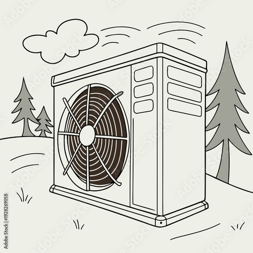 Air conditioning unit outside a building in a natural landscape with trees and sky.