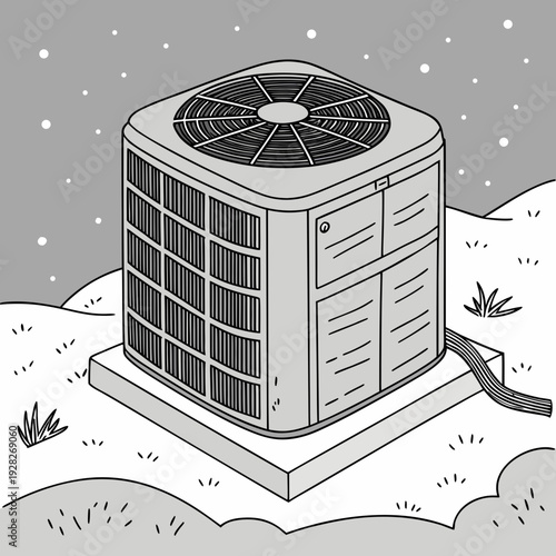 Large outdoor air conditioning unit on a snowy ground, representing winter climate control.