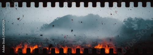 영화 필름 스트립 프레임 속에 담긴 거대한 산불의 모습으로 자욱한 연기와 붉게 타오르는 불꽃 그리고 공중에 흩날리는 뜨거운 불씨가 어우러진 극적이고 비극적인 재난 풍경의 시네마틱한 장면입니다.