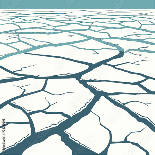 Cracked ice surface with water channels, abstract background of frozen texture.