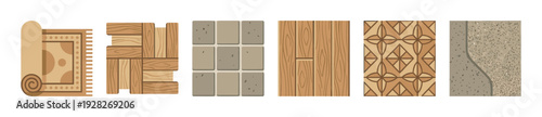 Set of different floor covering vector illustrations including a rolled rug, parquet, stone pavers, wooden planks, ceramic tiles, and concrete for interior design concepts