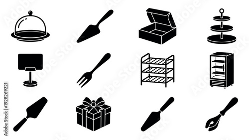 Collection of black silhouette bakery icons featuring a cloche, cake server, tiered stand, and gift box for patisserie or cafe concepts, shown in a clean graphic style