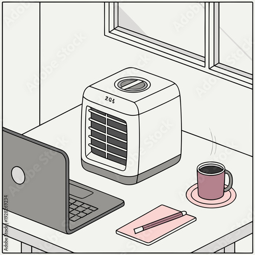 Cozy home office scene with a laptop, mini air cooler, notebook, and a steaming cup of coffee on a desk.