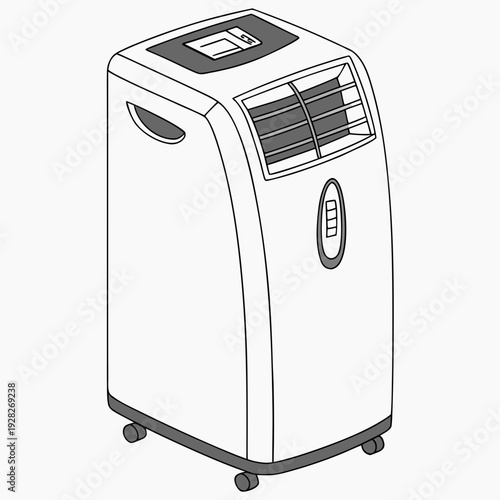 Detailed line drawing of a modern portable air cooler, sleek appliance for home or office.