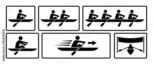 Collection of black rowing and canoeing icons with stick figure athletes paddling in a boat, illustrating sports, teamwork, competition, and crossing the finish line