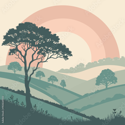 Tranquil rolling hills with a silhouette tree against a pastel rainbow sky, serene landscape illustration.
