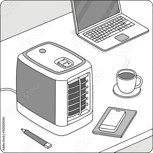 Desk setup with laptop, coffee, phone, and a personal air cooler, illustration for remote work comfort.