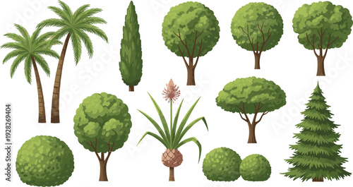 Green Tree and Plant Vector Set Featuring Palm Trees Cypress Pine Round Shrubs and Tropical Foliage for Nature Landscape Design Illustrations